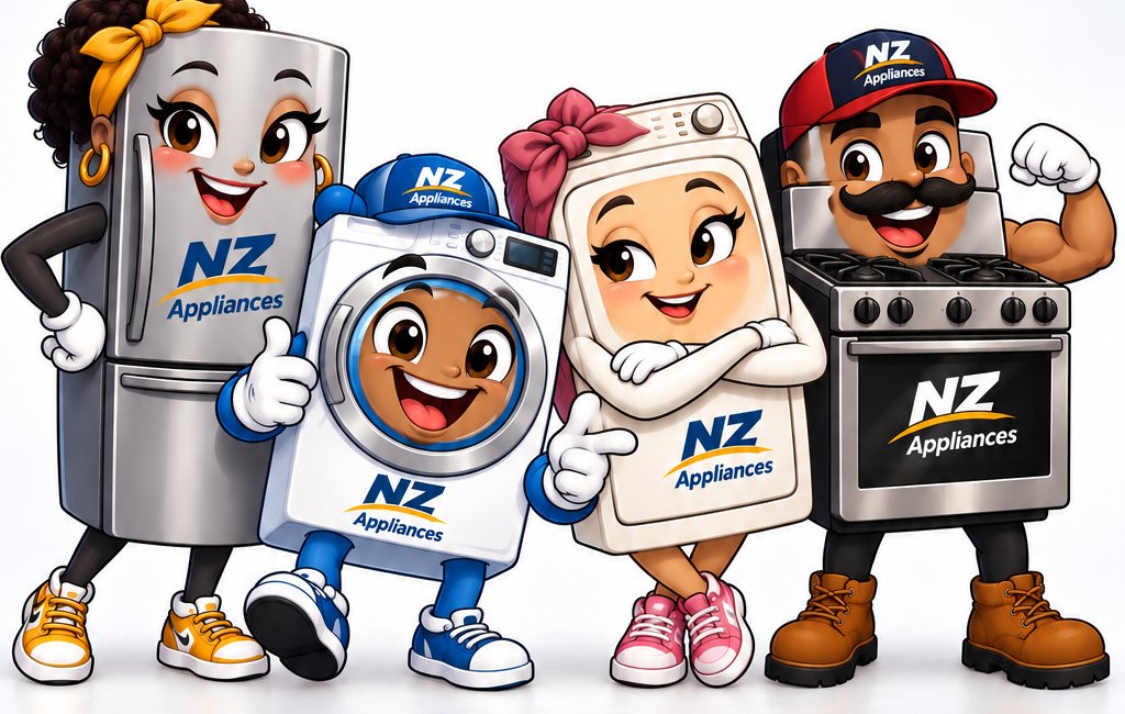 The Comeback Crew: Fran the fridge, Spin the washer, Dusty the dryer and Big Mike the stove, all wearing NZ Appliances branding